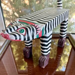 Vintage Hand Painted Striped Wooden Cat Indonesian Folk Art Boho Decor Footstool